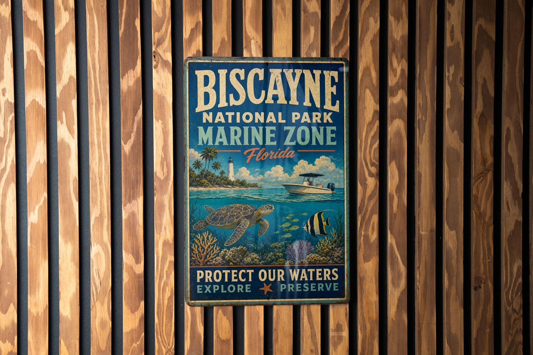 A vintage-style metal sign for Biscayne National Park's Marine Zone, featuring an illustration of a turtle, fish, and coral reef, along with the text "PROTECT OUR WATERS EXPLORE PRESERVE".