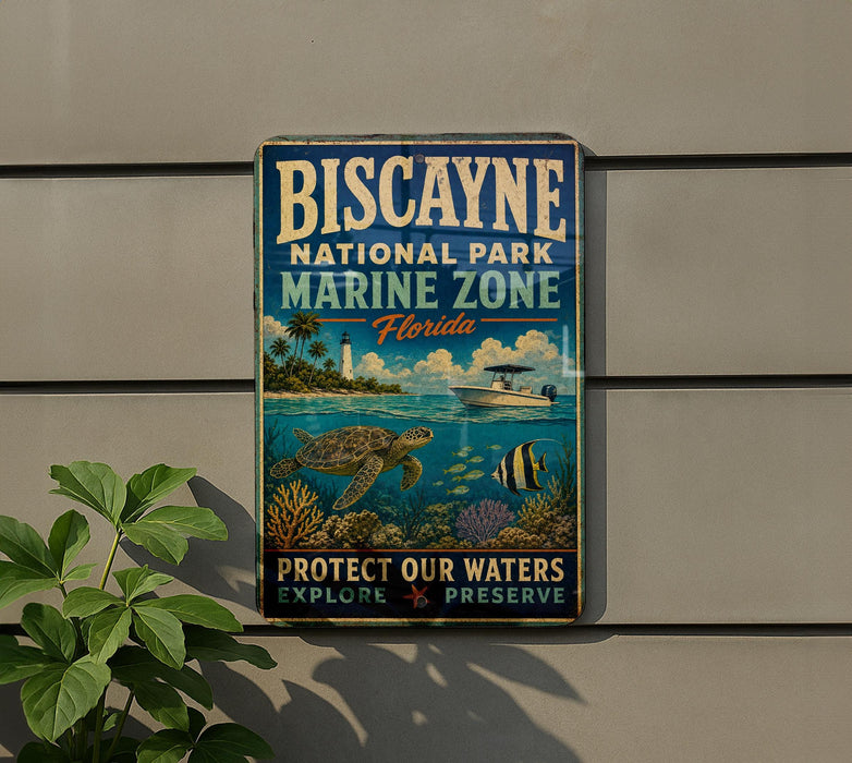 A vintage-style metal sign for Biscayne National Park's Marine Zone, featuring a turtle, fish, and coral reef illustration, along with the text "PROTECT OUR WATERS EXPLORE PRESERVE".