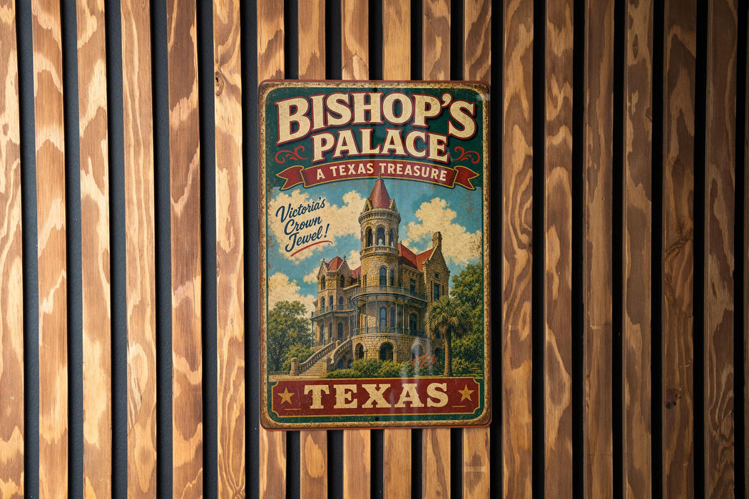 A vintage metal sign for Bishop's Palace in Texas, featuring a castle-like building and the text "Bishop's Palace A TEXAS TREASURE" in a decorative font.