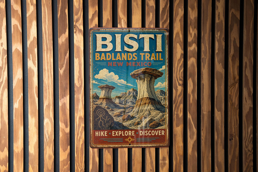 A vintage metal sign for the Bisti Badlands Trail in New Mexico, featuring a scenic illustration of the trail and rock formations.