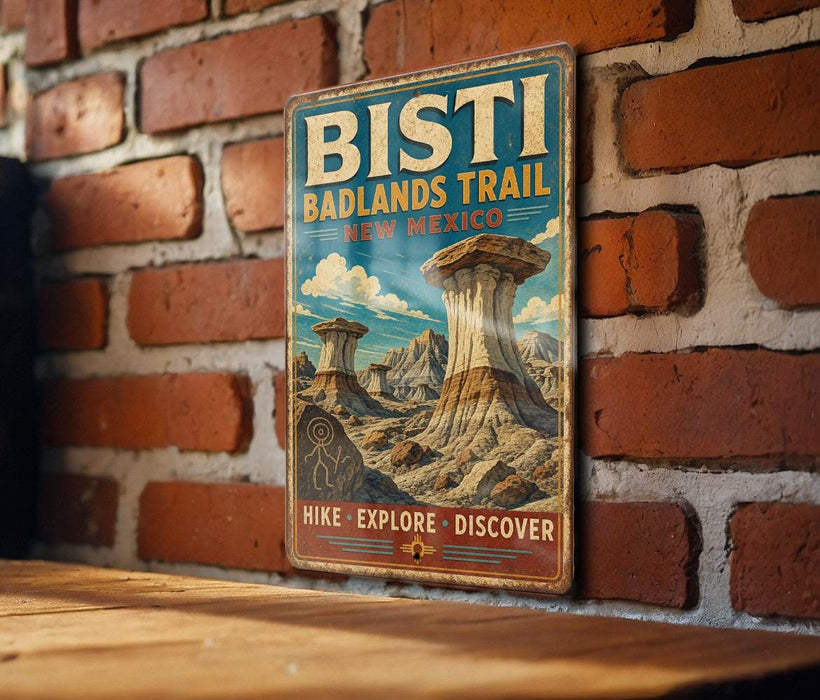 A vintage-style metal sign for the Bisti Badlands Trail in New Mexico, featuring a scenic illustration of the region's unique rock formations.