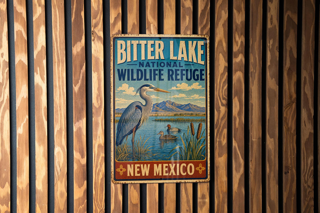 A vintage-style metal sign for the Bitter Lake National Wildlife Refuge in New Mexico, featuring an illustration of a heron and a lake with mountains in the background.