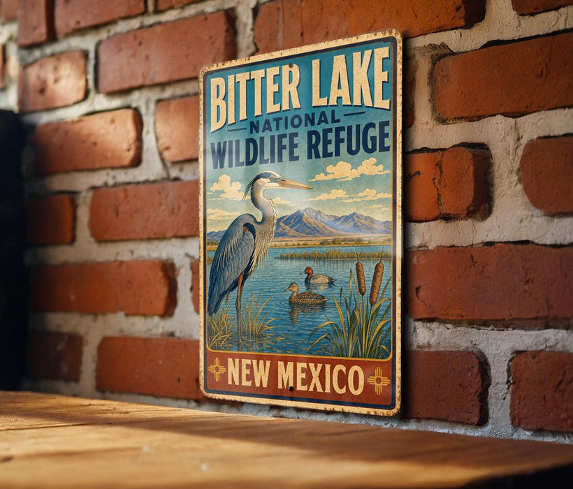 A vintage-style metal sign for the Bitter Lake National Wildlife Refuge in New Mexico, featuring an illustration of a heron and ducks in a natural setting.