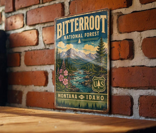 A vintage-style metal sign for Bitterroot National Forest, featuring a mountain landscape with pine trees and a river, mounted on a brick wall.
