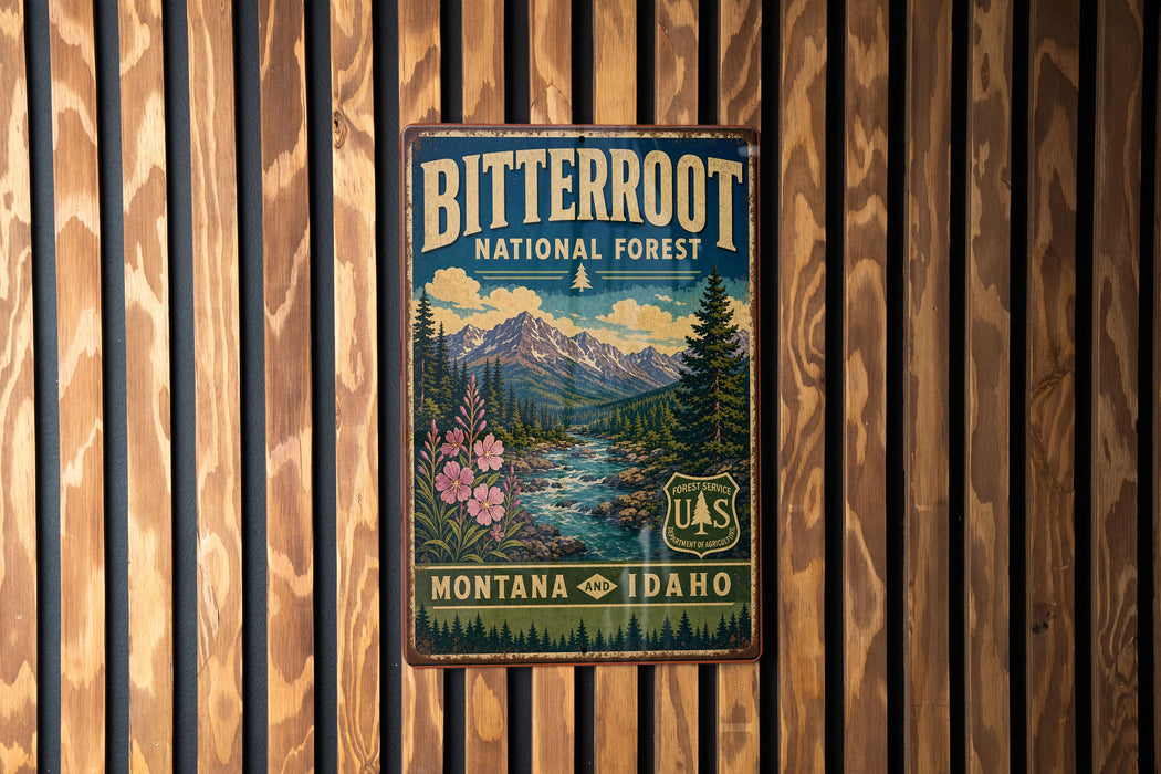 A vintage-style metal sign for the Bitterroot National Forest, featuring a mountain landscape with pine trees and a river.