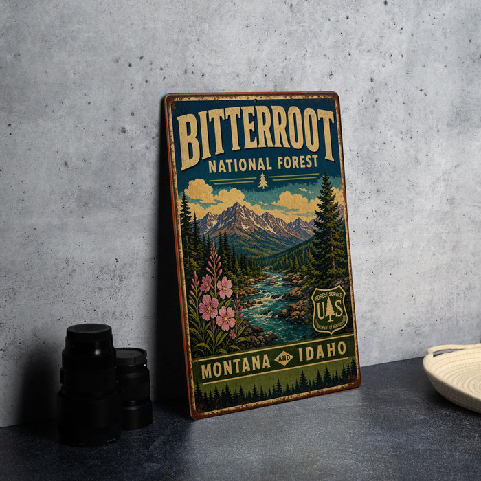 A vintage-style metal sign for Bitterroot National Forest, featuring a mountain landscape with pine trees, a river, and wildflowers.