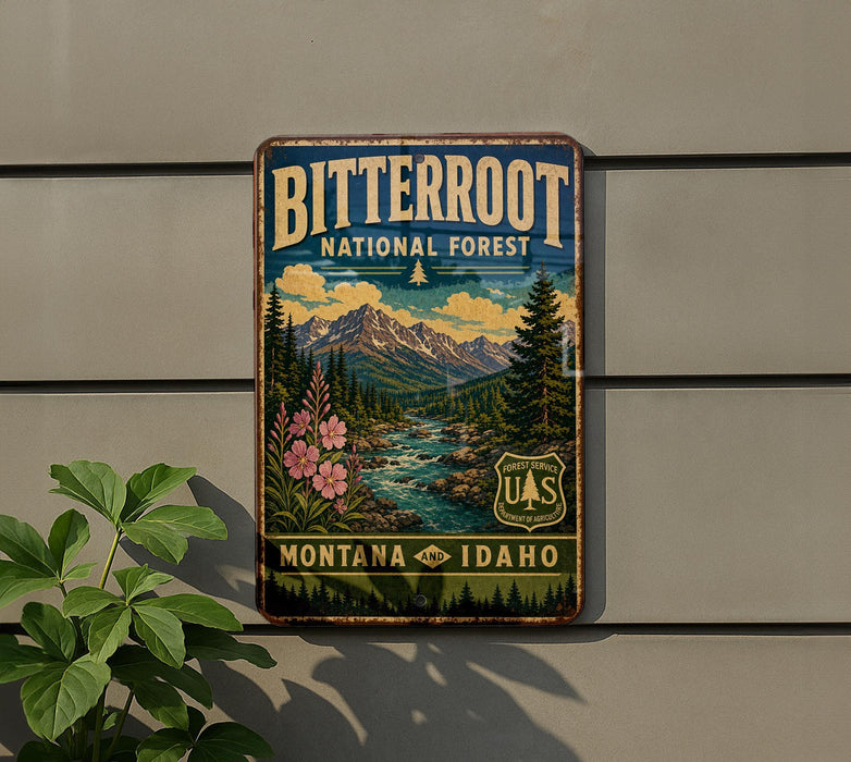 A vintage metal sign for Bitterroot National Forest, featuring a scenic mountain landscape with pine trees, flowers, and a river.