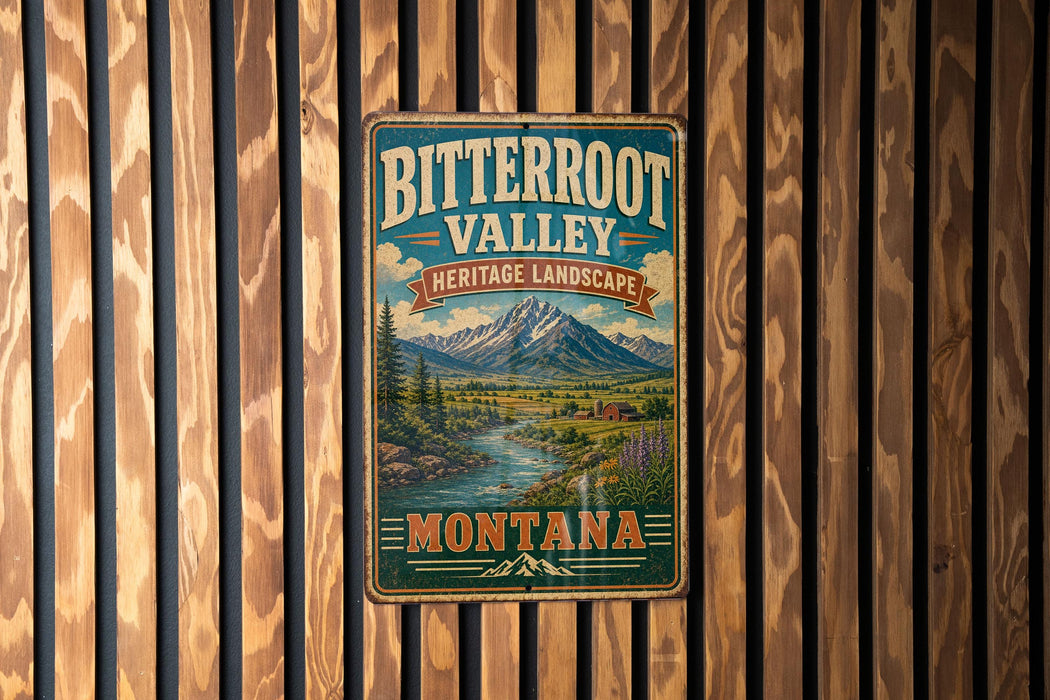 A vintage-style metal sign for Bitterroot Valley Heritage Landscape in Montana, featuring a scenic mountain landscape with a river and pine trees.
