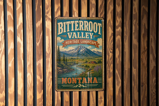 A vintage-style metal sign for Bitterroot Valley Heritage Landscape in Montana, featuring a scenic mountain landscape with a river and pine trees.