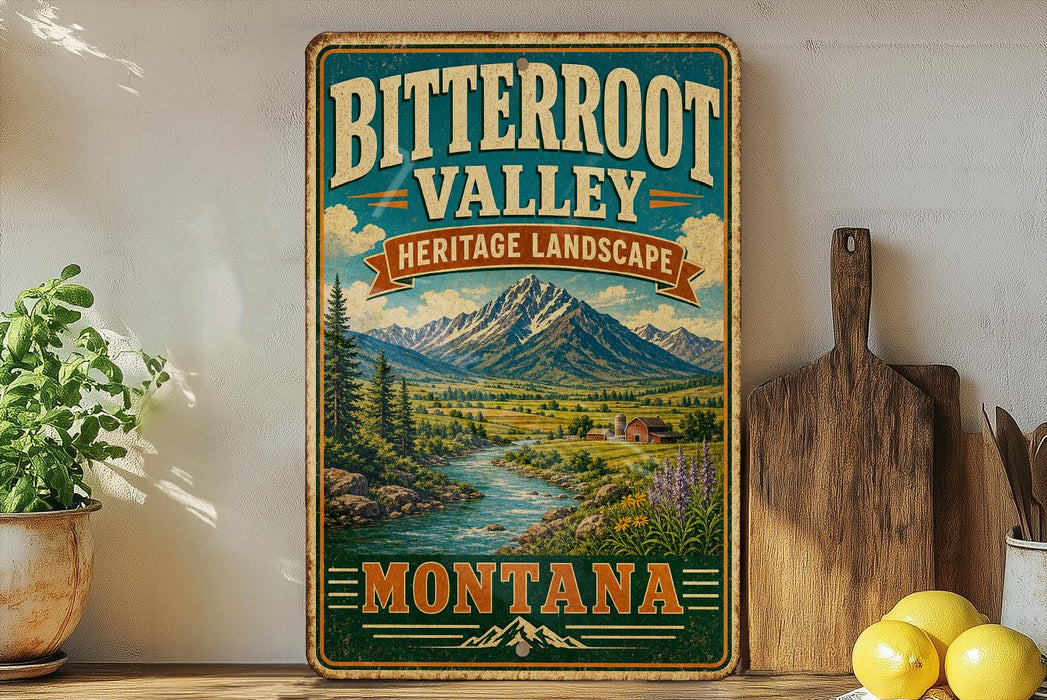 A vintage-style sign for Bitterroot Valley, Montana, featuring a scenic landscape with mountains, a river, and a wooden sign.