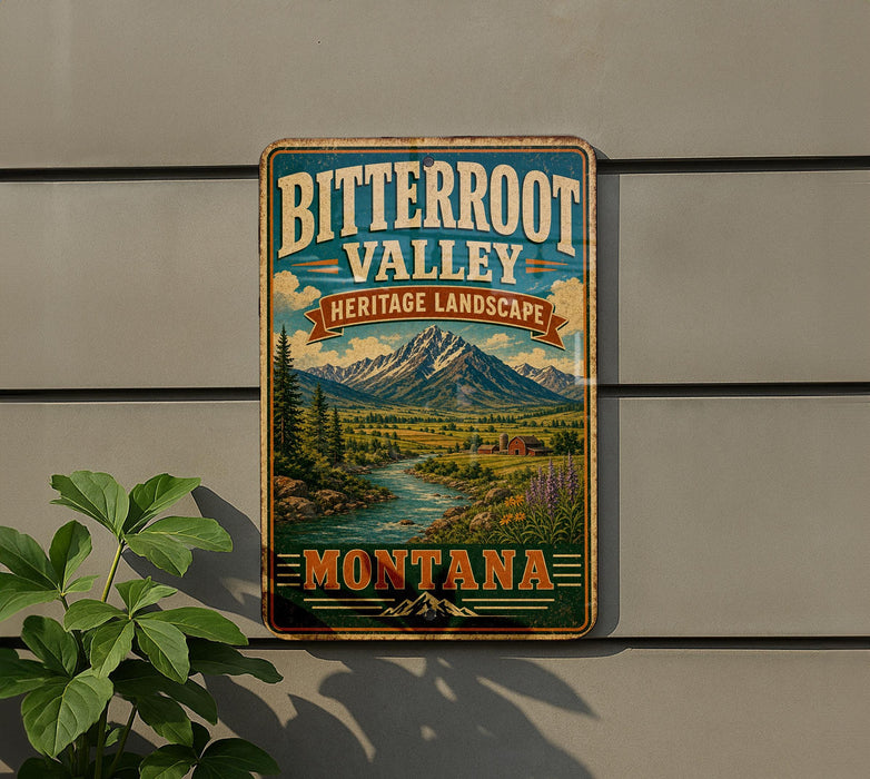 A vintage metal sign for Bitterroot Valley Heritage Landscape, featuring a scenic mountain landscape with a river and pine trees.
