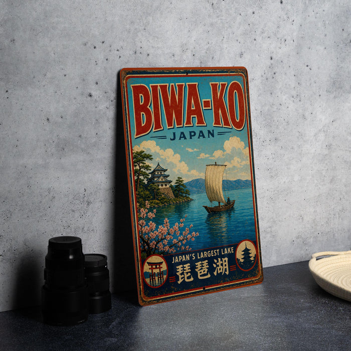A vintage-style sign for Bwa-ko, Japan, featuring a scenic image of a boat on a lake with cherry blossoms and a temple in the background.
