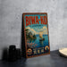 A vintage-style sign for Bwa-ko, Japan, featuring a scenic image of a boat on a lake with cherry blossoms and a temple in the background.