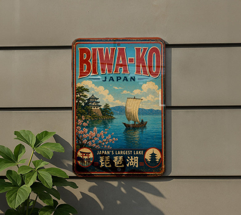 a vintage-style sign for Bwa-ko, Japan, which is described as the largest lake in Japan.