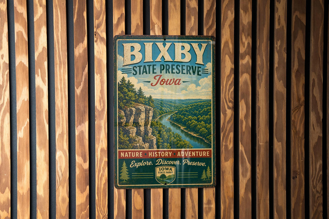 A vintage metal sign for Bixby State Preserve, Iowa, featuring a scenic landscape with a river and mountains.