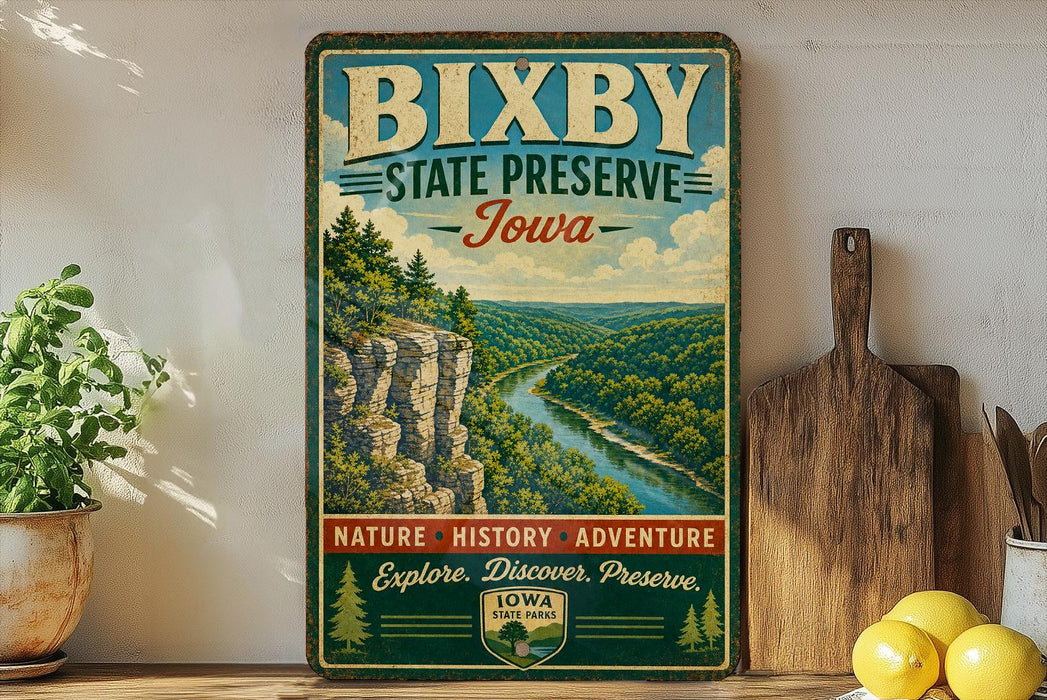 A vintage-style sign for Bixby State Preserve, Iowa, featuring a scenic landscape with a river and mountains.