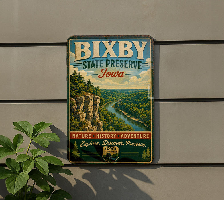 A vintage-style metal sign for Bixby State Preserve, Iowa, featuring a scenic landscape with a river and mountains.