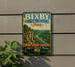 A vintage-style metal sign for Bixby State Preserve, Iowa, featuring a scenic landscape with a river and mountains.