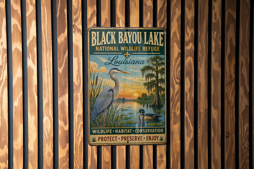 A vintage-style metal sign for Black Bayou Lake, Louisiana, featuring a heron and a sunset landscape.