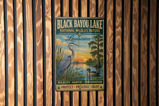 A vintage-style metal sign for Black Bayou Lake, Louisiana, featuring a heron and a sunset landscape.