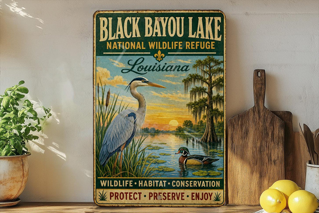 A vintage-style metal sign for Black Bayou Lake, Louisiana, featuring an illustration of a heron and a duck in a natural setting.