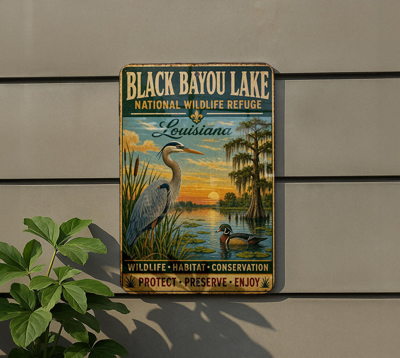 A vintage-style sign for the Black Bayou Lake National Wildlife Refuge in Louisiana, featuring a large heron and ducks in a natural setting.