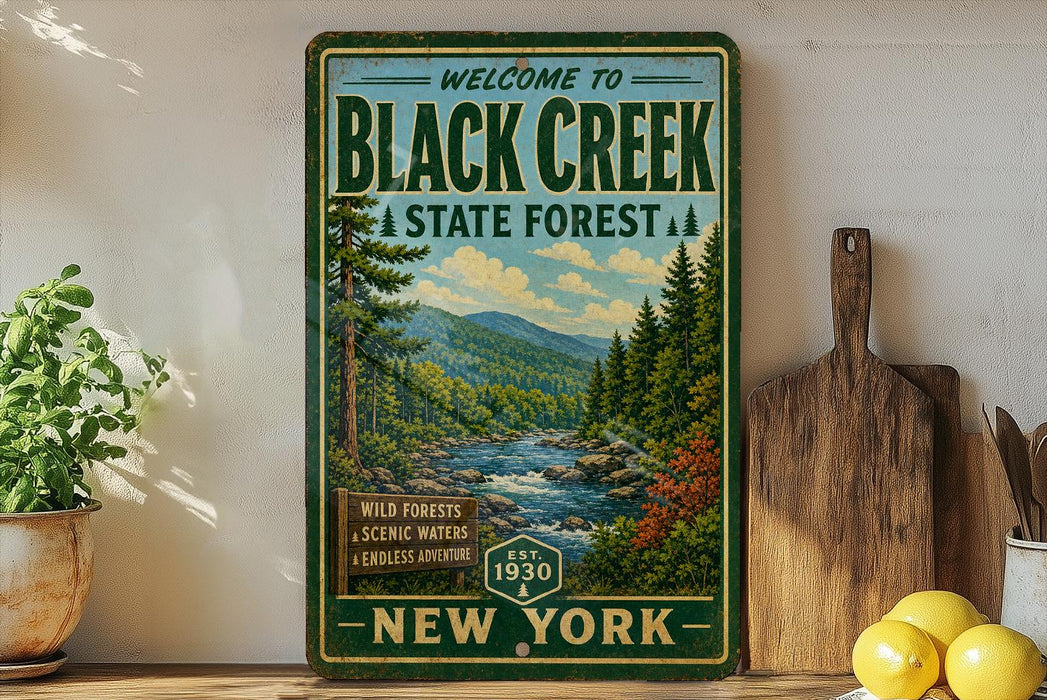 a vintage-style sign for Black Creek State Forest in New York, with a scenic illustration of a forest and a river.
