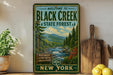 a vintage-style sign for Black Creek State Forest in New York, with a scenic illustration of a forest and a river.