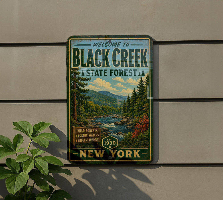 a sign that reads "Welcome to Black Creek State Forest" with a scenic illustration of a forest and a river.