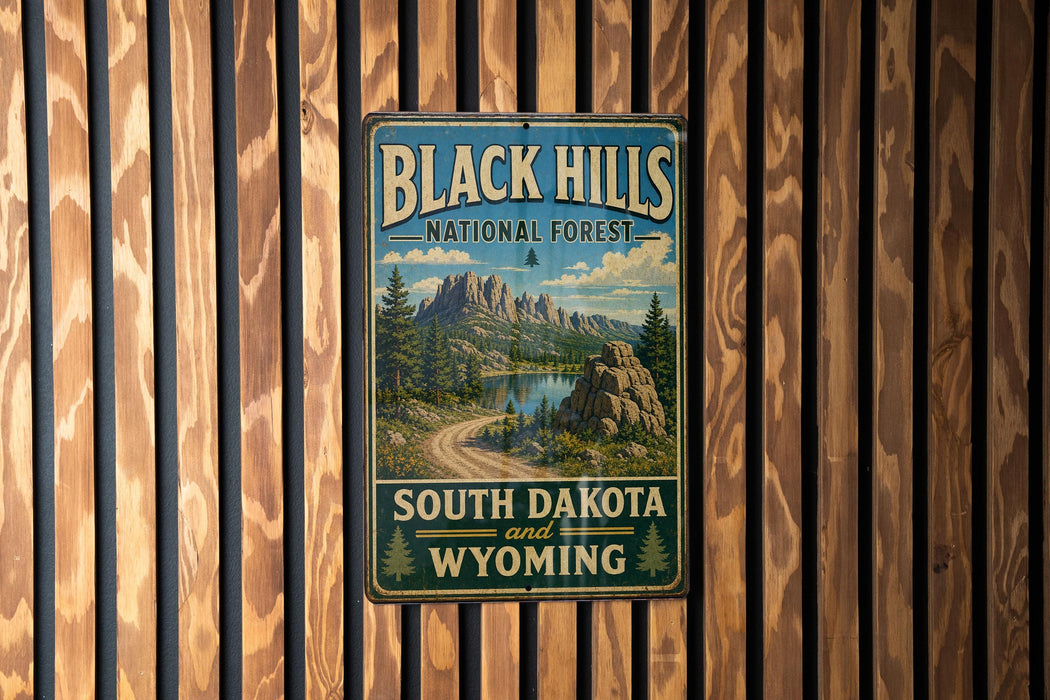 A vintage-style metal sign for the Black Hills National Forest, featuring a scenic mountain landscape with a winding road and a lake.