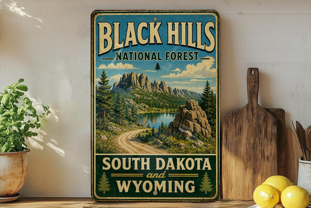 A vintage-style sign for the Black Hills National Forest, featuring a scenic mountain landscape with a lake and pine trees.