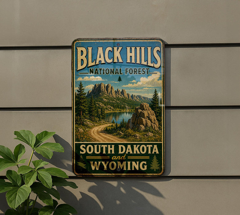 A vintage-style sign for the Black Hills National Forest, featuring a scenic mountain landscape with a winding road and pine trees.