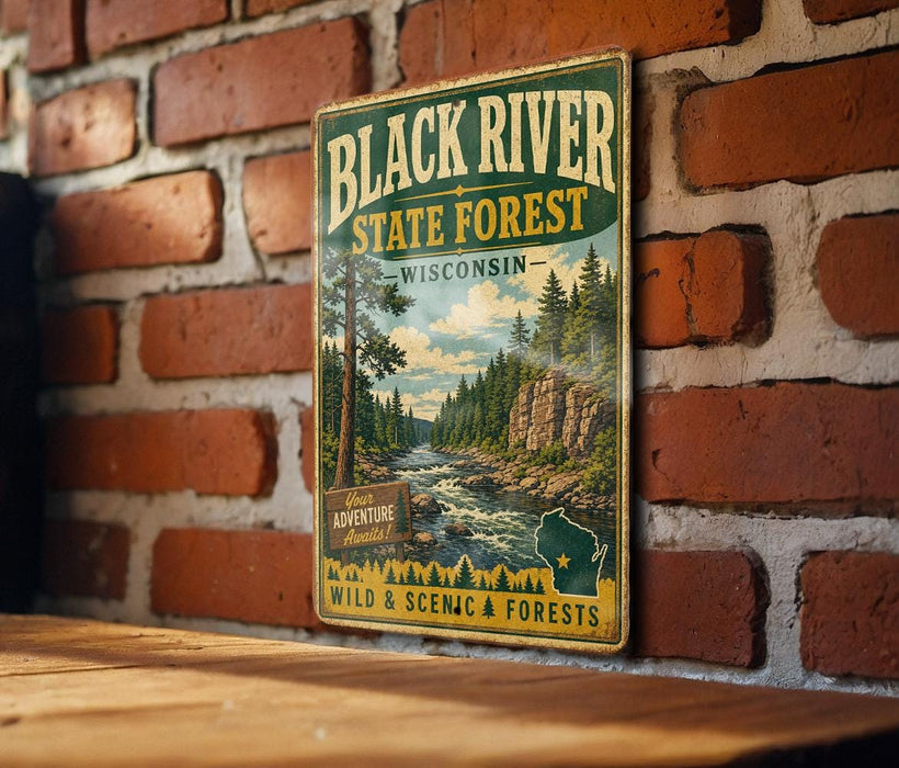 A vintage metal sign for the Black River State Forest in Wisconsin, featuring a scenic illustration of a river surrounded by pine trees and mountains.