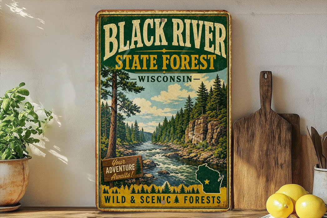 A vintage-style sign for the Black River State Forest in Wisconsin, featuring a scenic illustration of a river surrounded by pine trees and mountains.