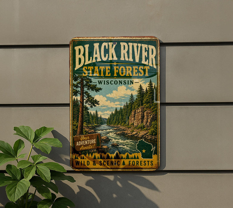 A vintage-style metal sign for the Black River State Forest in Wisconsin, featuring a scenic illustration of a river surrounded by pine trees and mountains.