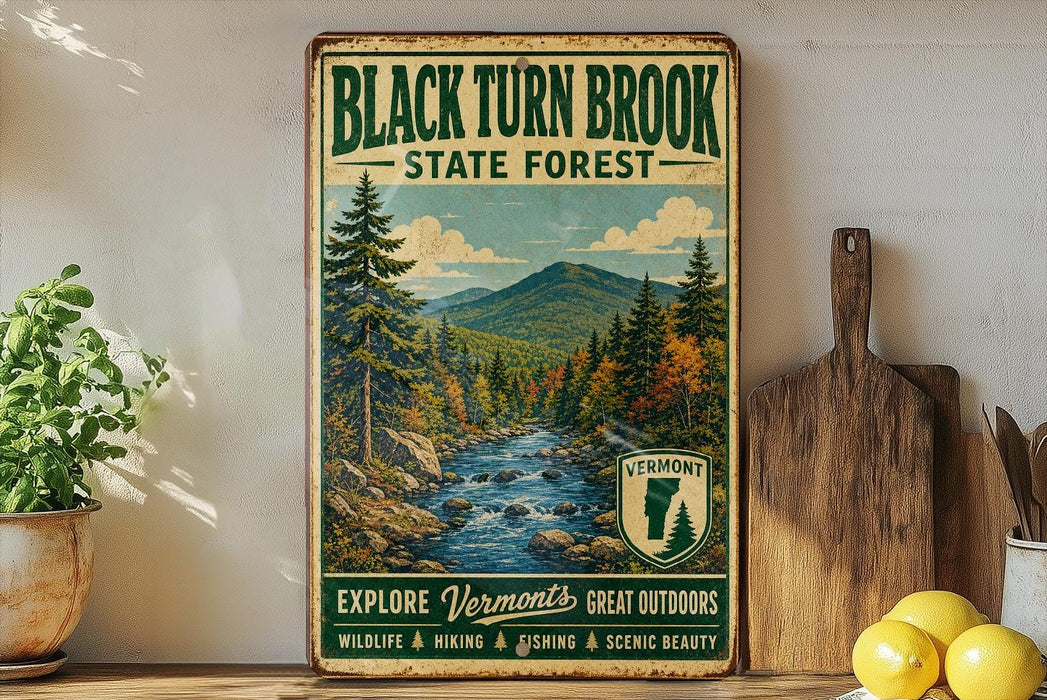 a vintage-style poster of Black Turn Brook State Forest, with a scenic mountain landscape and a river. The poster is displayed on a wall, and there are some potted plants and kitchen utensils visible in the foreground.