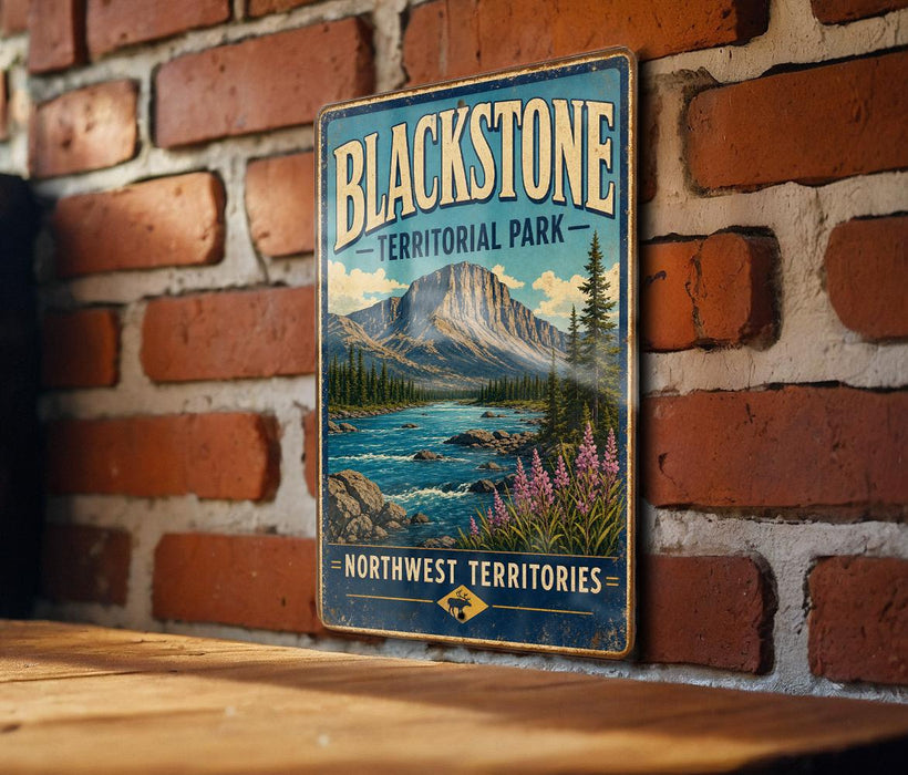 A vintage-style metal sign for Blackstone Territorial Park, featuring a mountain landscape with a river and wildflowers.