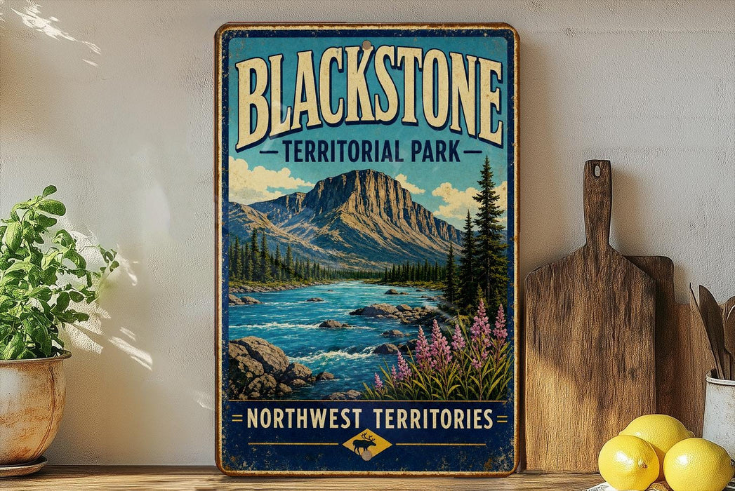 A vintage-style sign for Blackstone Territorial Park, featuring a scenic mountain landscape with a river and pine trees.