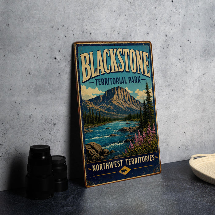 A vintage-style sign for Blackstone Territorial Park, featuring a mountain landscape and a river, is displayed on a gray wall.