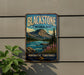 A vintage-style sign for Blackstone Territorial Park, featuring a scenic mountain landscape with a river and pine trees.