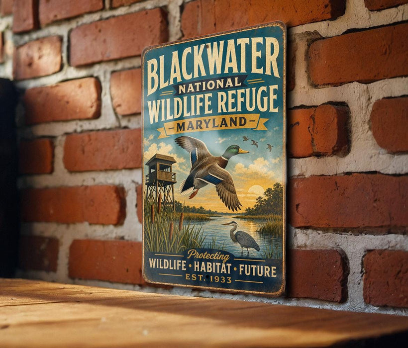 A vintage-style metal sign for the Blackwater National Wildlife Refuge in Maryland, featuring an illustration of ducks and a bird in flight.
