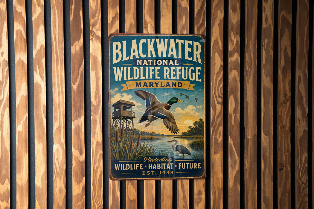 A vintage metal sign for the Blackwater National Wildlife Refuge in Maryland, featuring a duck flying over a lake and a bird perched on a tree branch.