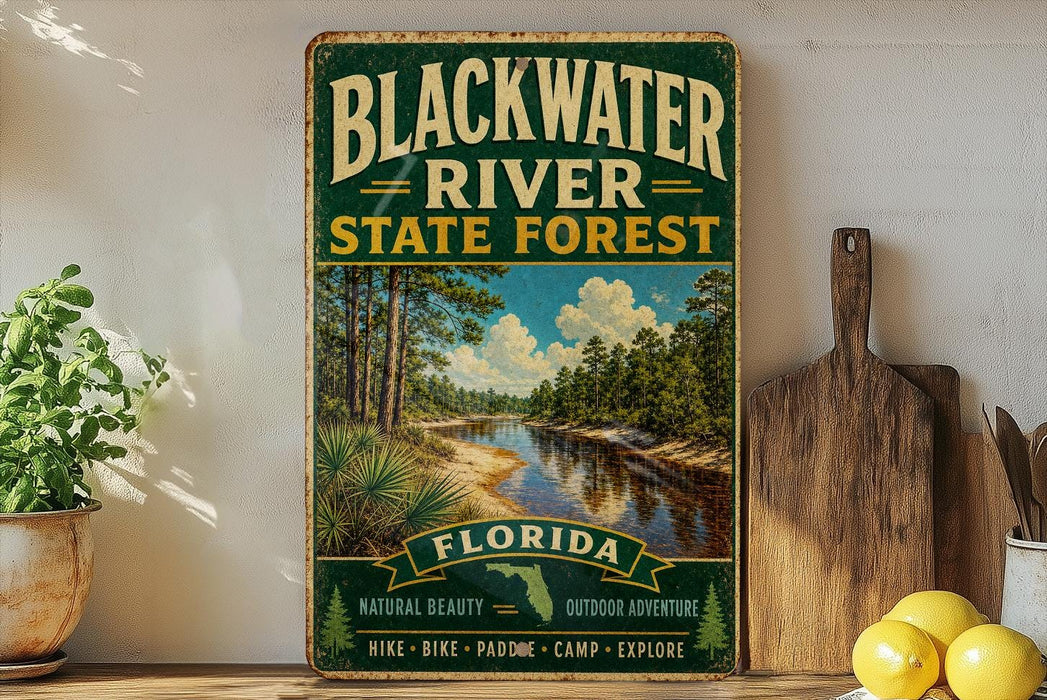 A vintage-style sign for Blackwater River State Forest in Florida, featuring a scenic image of the river surrounded by pine trees and natural beauty.