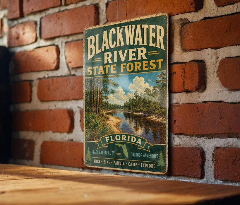 A vintage-style sign for the Blackwater River State Forest in Florida, featuring a scenic image of the river surrounded by lush greenery.