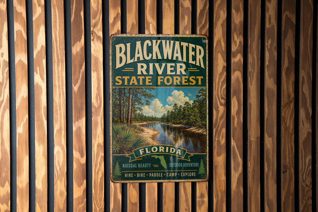 A vintage metal sign for Blackwater River State Forest in Florida, featuring a scenic image of the river surrounded by pine trees and a cloudy sky.