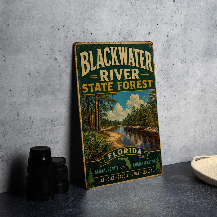 A vintage-style sign for the Blackwater River State Forest in Florida, featuring a scenic illustration of the river surrounded by pine trees and a cloudy sky.