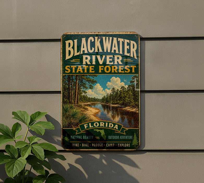 A vintage-style sign for the Blackwater River State Forest in Florida, featuring a scenic image of the river surrounded by pine trees and a cloudy sky.