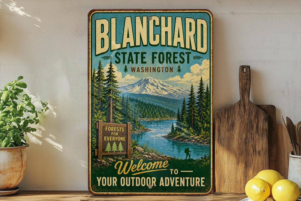 A vintage-style sign for Blanchard State Forest in Washington, featuring a scenic mountain landscape and a welcoming message for outdoor adventure.