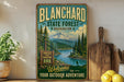 A vintage-style sign for Blanchard State Forest in Washington, featuring a scenic mountain landscape and a welcoming message for outdoor adventure.