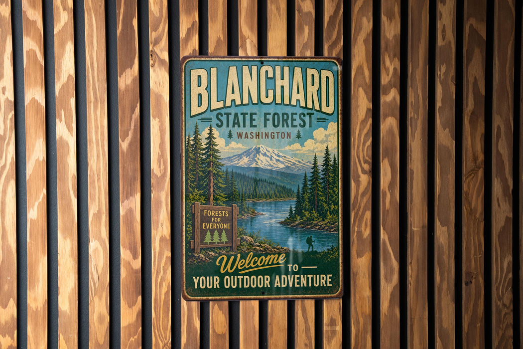 A vintage metal sign for Blanchard State Forest in Washington, featuring a scenic mountain landscape and inviting visitors to "Welcome to your outdoor adventure".